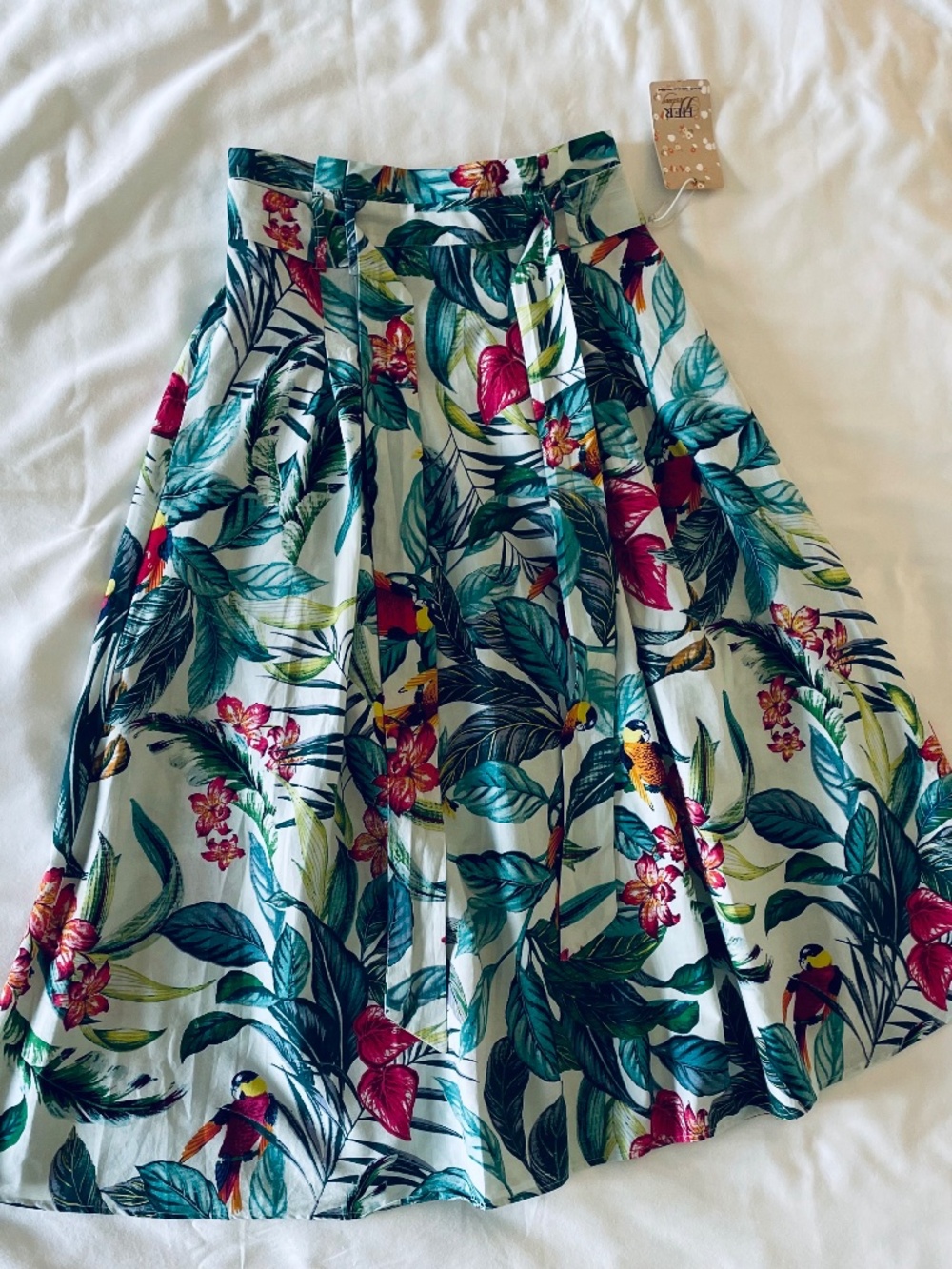 Tropical Floral A-Line Skirt - Green, Pink & White
